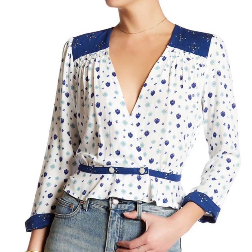 Free People Where We Roam White Blue Blouse Medium